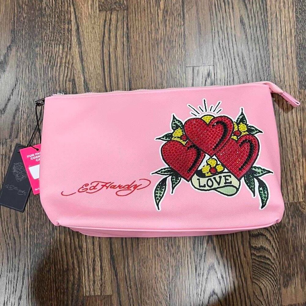 ed hardy pink hearts love makeup cosmetic toiletry bag bedazzled rhinestone NWT